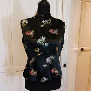 Chinese Mandarin Collar Black Sleeveless Top With Floral Design Size S Vintage